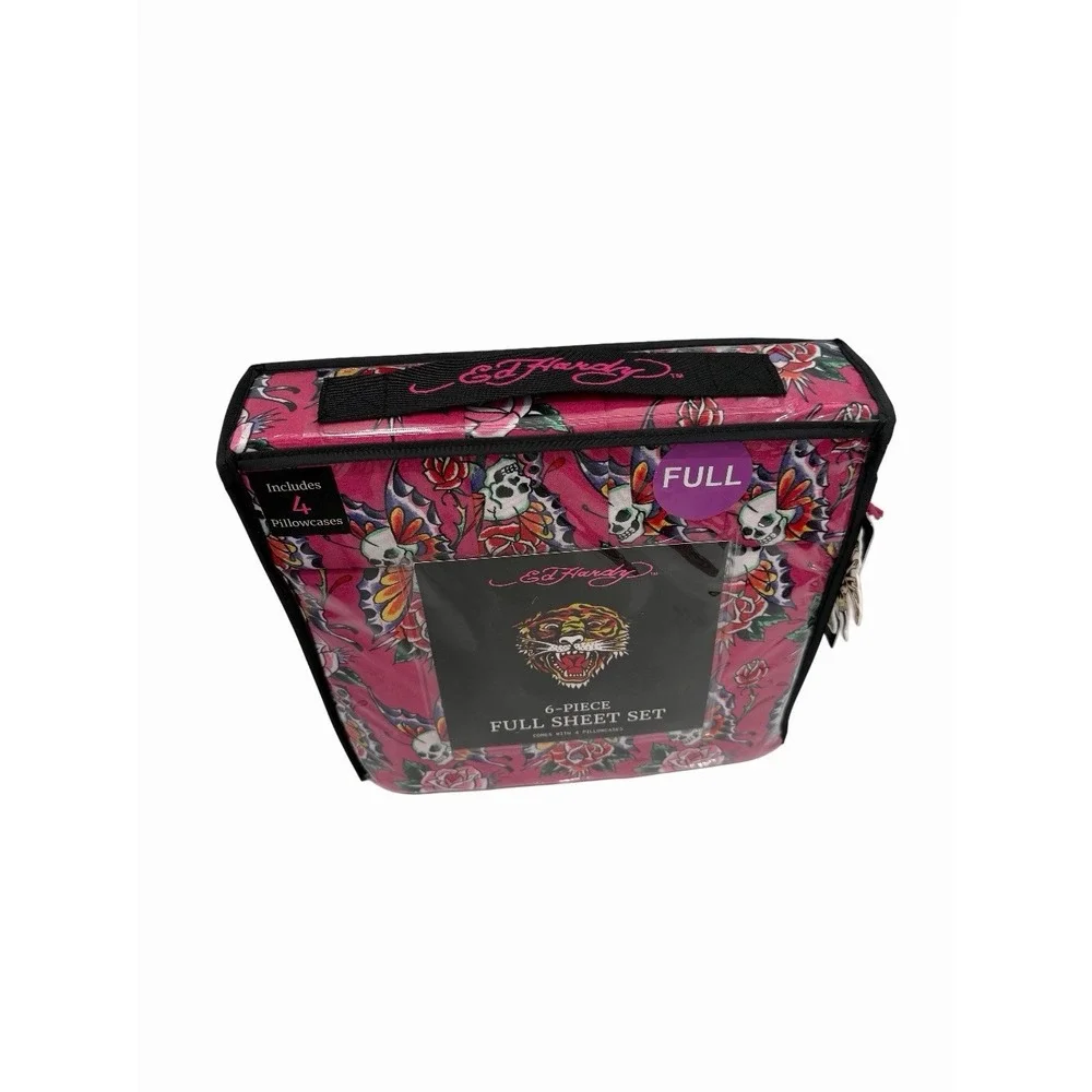 Ed Hardy 6-Piece Full Size Sheet Set Butterfly Skull Bright Pink  Print New